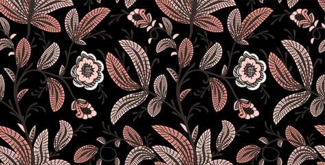 Lace embroidery floral seamless pattern. Fantasy baroque brown print with leaves and flowers. Hand drawn oriental fabric. Vector decorative background. Reticulate textile.