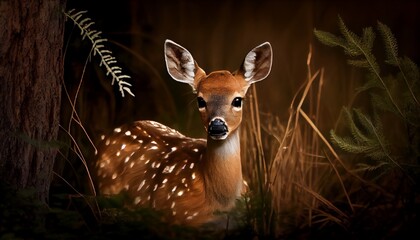 Baby dear standing on ground with green grass and looking at camera , mammal animal on nature background - obrazy, fototapety, plakaty