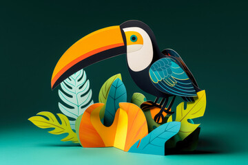 paper art style, Toucan flying Kirigami card: Create a card with a toucan in mid-flight 