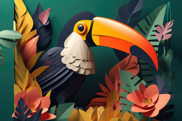 paper art style, Toucan with colorful beak Kirigami card: Create a card with a toucan showing off its colorful beak
