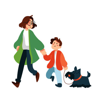 Mother, child and dog cute simple style flat illustration. Family on a walk picture