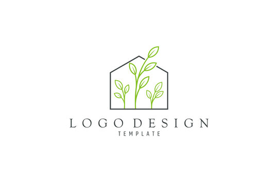 Greenhouse logo, Design logo on which an simple image of a house with leaves inside.