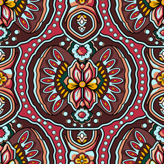 Turkish floral seamless pattern. Paisley folck vector background using mandala. Fantasy decorative repeating tiles with tropical flowers and leaves. Festivale style.