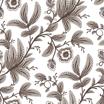 Lace embroidery floral seamless pattern. Fantasy baroque brown print with leaves and flowers. Hand drawn oriental fabric. Vector decorative background. Reticulate textile.