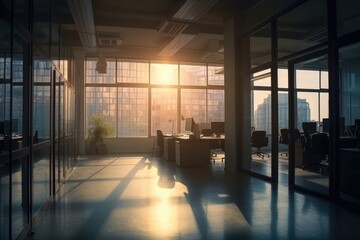 Modern open space office with city view. Generative AI