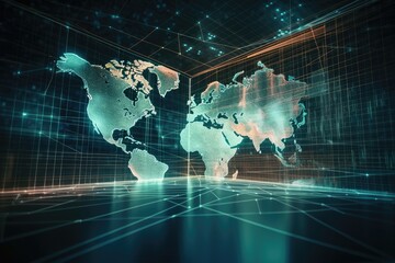 Abstract graphic digital world map hologram with connections on a modern coworking room background, globalization concept. Generative AI