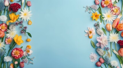 Fototapeta na wymiar Spring floral background, pattern and wallpaper. Flat-lay of white almond blossom flowers wreath over light mint background, top view, copy space. ai generative