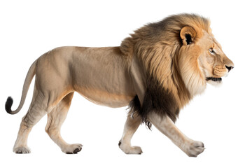 Obraz premium an isolated lion walking side view, majestic, stalking prey, fierce jungle-themed photorealistic illustration on a transparent background in PNG. Panthera leo. King of the Jungle. Generative AI
