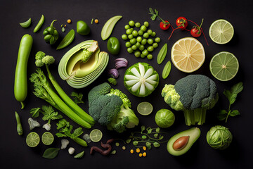 Healthy food ingredients on black background. Top view, vegetables pattern,  flat lay generative ai