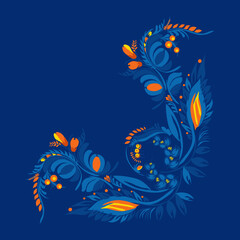 Traditional Ukrainian painting of Petrykivka. Elements of blue and yellow floral ornament. Decorative composition.