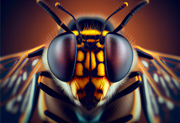 Microscopic close up face of pretty female hoverfly generative ai