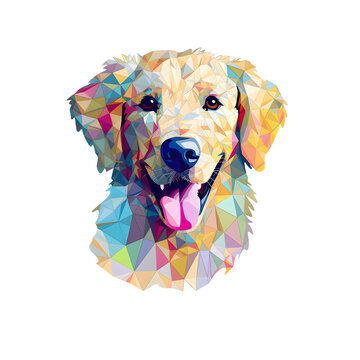 A colorful geometric head of a golden retriever dog with its tongue out, bold lines, made with Generative AI
