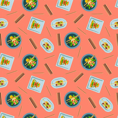 Vector pattern with Japanese food, ramen soup in cartoon style.