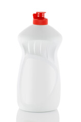 White plastic bottle with cap isolated on white background for liquid detergent laundry or cleaning agent. White bottle with red covers.