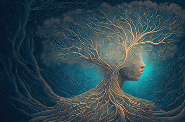 a woman with roots growing out of her head