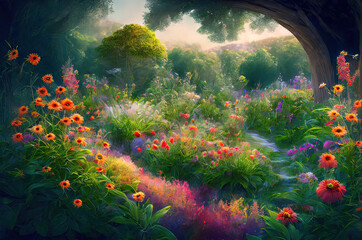 a painting of a beautiful garden with flowers