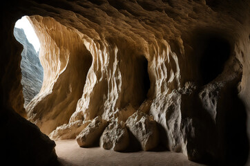 a cave with a light coming through the door