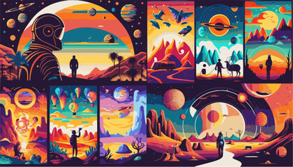 Obraz na płótnie Canvas Psychedelic_vector_illustrations_of_space_objects,_people,_planets,_desert,_dreams_for_a_poster,_background_or