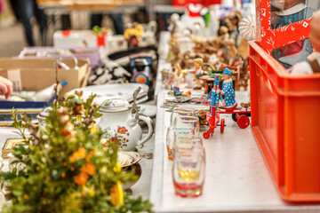 Close-up of a flea market scene in early spring outdoors
