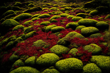 a green moss covered area with red plants