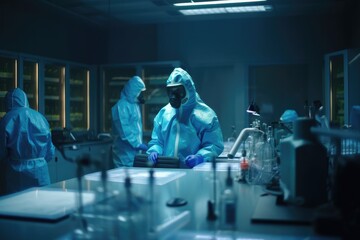 Naklejka premium In a Secure High Level Laboratory Scientists in a Coverall Conducting a Research Generative AI