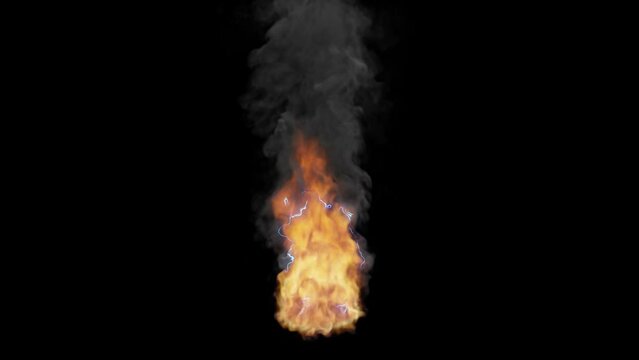 The fire's flames emit smoke and blue lightning bolts against a black background.