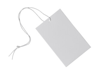 White blank clothing price tag or label mockup with strings on transparent background. Sale,...
