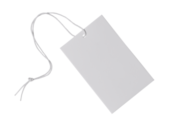 White blank clothing price tag or label mockup with strings on transparent background. Sale, shopping concept.