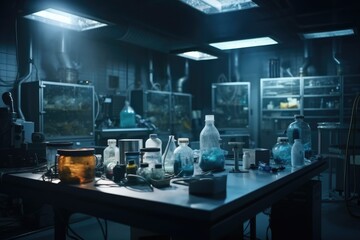 Naklejka premium In a Secure High Level Laboratory Scientists in a Coverall Conducting a Research Generative AI