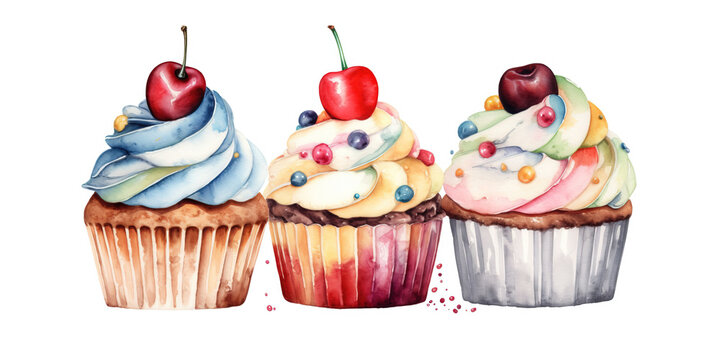 Cupcakes on a white background painted in watercolor. Generative AI