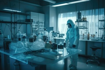 Obraz premium In a Secure High Level Laboratory Scientists in a Coverall Conducting a Research Generative AI