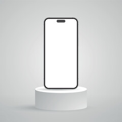 Realistic smartphone mockup with podium, high quality mobile phone front view, empty screen vector mockup