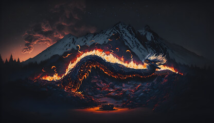 A dragon raging on the mountain uses its huge flames created with generative AI