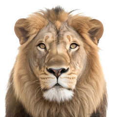 Obraz premium an isolated lion jungle cat FACE, FRONT-view portrait, safari-themed photorealistic illustration on a transparent background cutout in PNG, generative ai