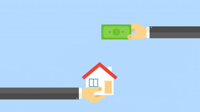 Hand with money and hand with house. Sale of real estate. Video animation.