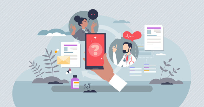 mHealth or mobile health as application using for health tiny person concept. Smartphone as diagnostic device for illness record, checkup with doctor or prescription treatment vector illustration.