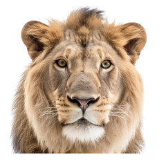 an isolated lion jungle cat FACE, FRONT-view portrait, safari-themed photorealistic illustration on a transparent background cutout in PNG, generative ai