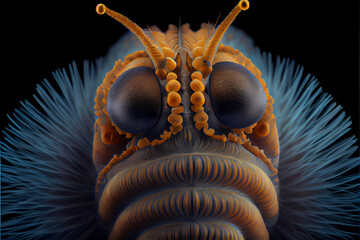 Microscopic close up face of a female caterpillar generative ai