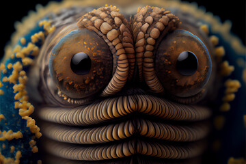 Microscopic close up face of an adult caterpillar generative ai