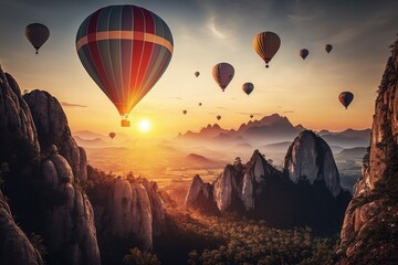 Colorful hot air balloons flying over mountain. AI generated, human enhanced. Background