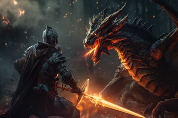 An epic battle between a knight and a dragon. AI generated, human enhanced