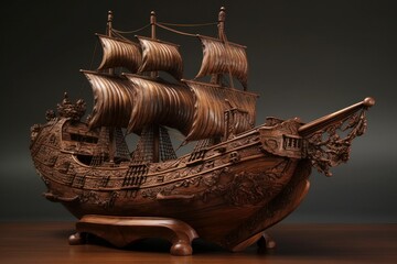 Ship sailboat carved from mahogany wood. AI generated, human enhanced