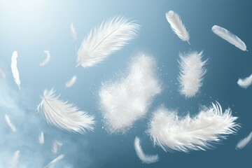 White feathers floating in the air. AI generated, human enhanced.