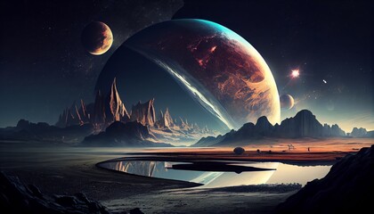 Futuristic fantasy landscape, sci-fi landscape with planet, neon light, cold planet. Galaxy, unknown planet.