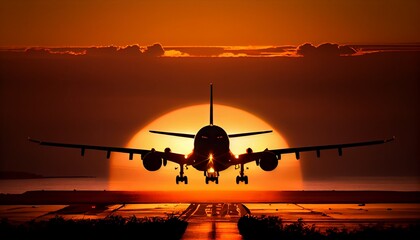 Passenger airplane is landing at the runway during a beautiful colorful and cloudy sunrise.