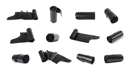 Garbage Bag Roll Isolated. Trash Package, New Rolled Plastic Bin Bags, Black Polyethylene Waste Container