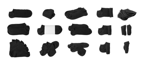 New Black Cotton Sock Isolated. Folded Sportswear, Classic Unisex Cotton Socks on White Background