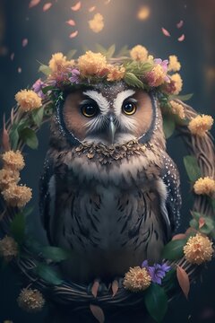 A beautiful owl in a wreath of yellow flowers and leaves, sitting in nature in big wreath