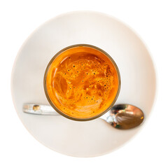 National drink of Spanish cuisine is Cortado coffee, made on the basis of espresso with the addition of milk. Isolated over white background