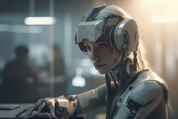 Robot at the computer. Business concept. AI generated, human enhanced.